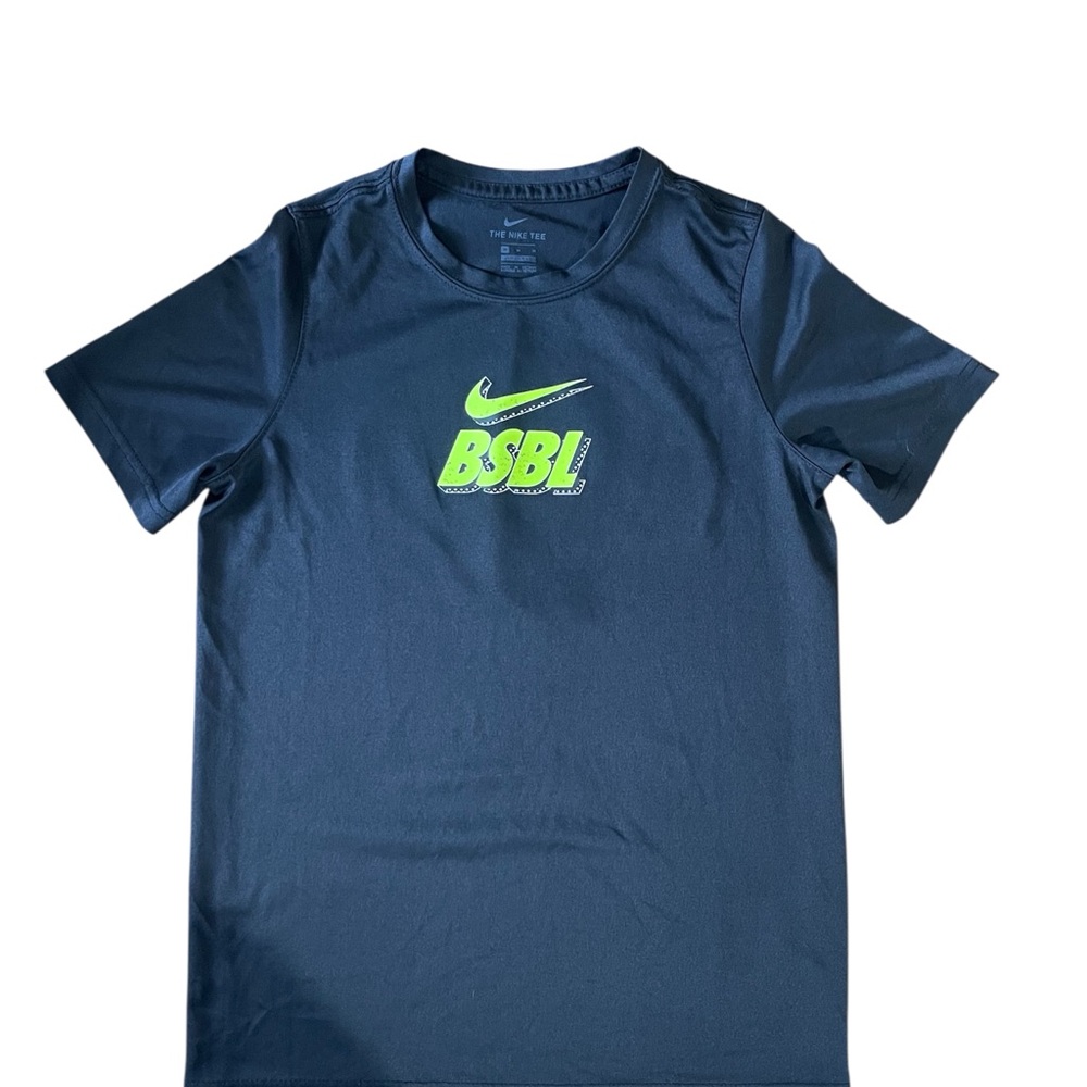 Nike Kids Dark Blue Tee with Neon Green Graphic